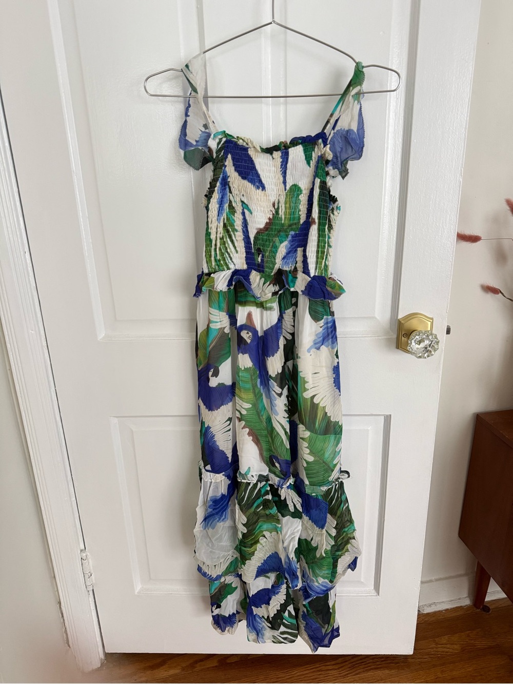 Like New Farm Rio Smocked Tropical Maxi Dress in Blue, Green & White